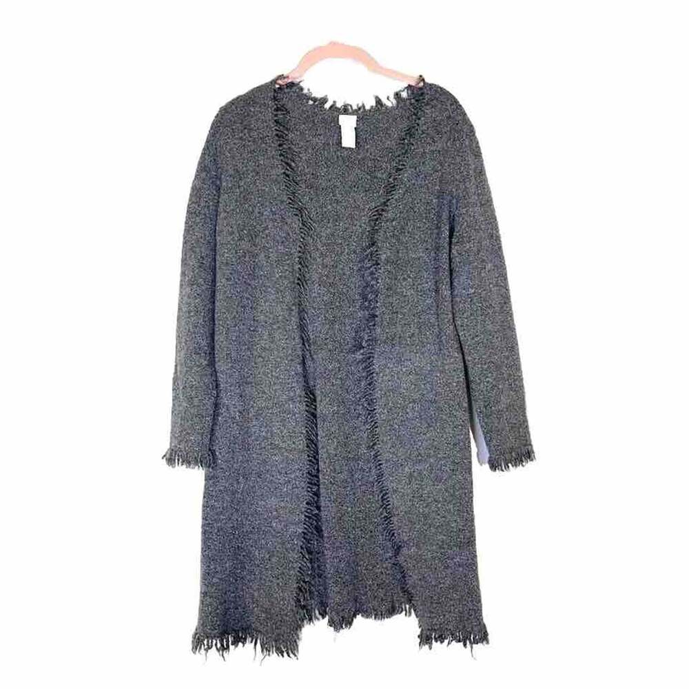 J. Jill Merino Wool Gray cardigan sweater Size M Fringe Hem Open Front Cozy